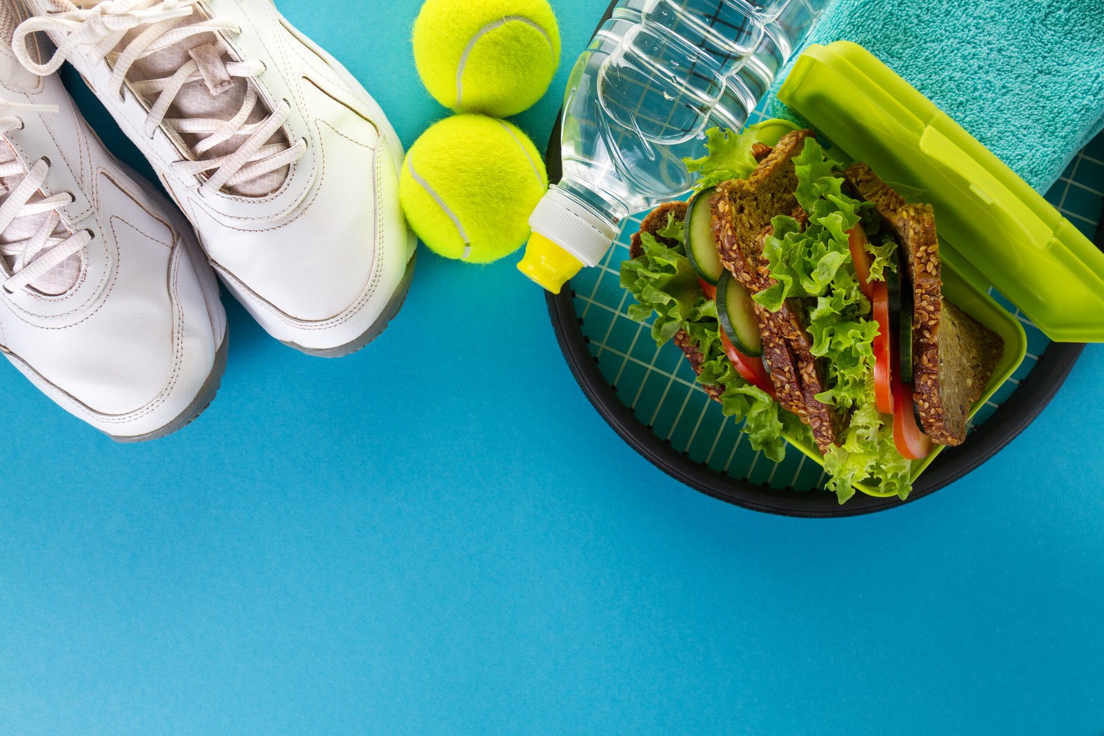 scarpe, palline da tennis, acqua e cibo salutare